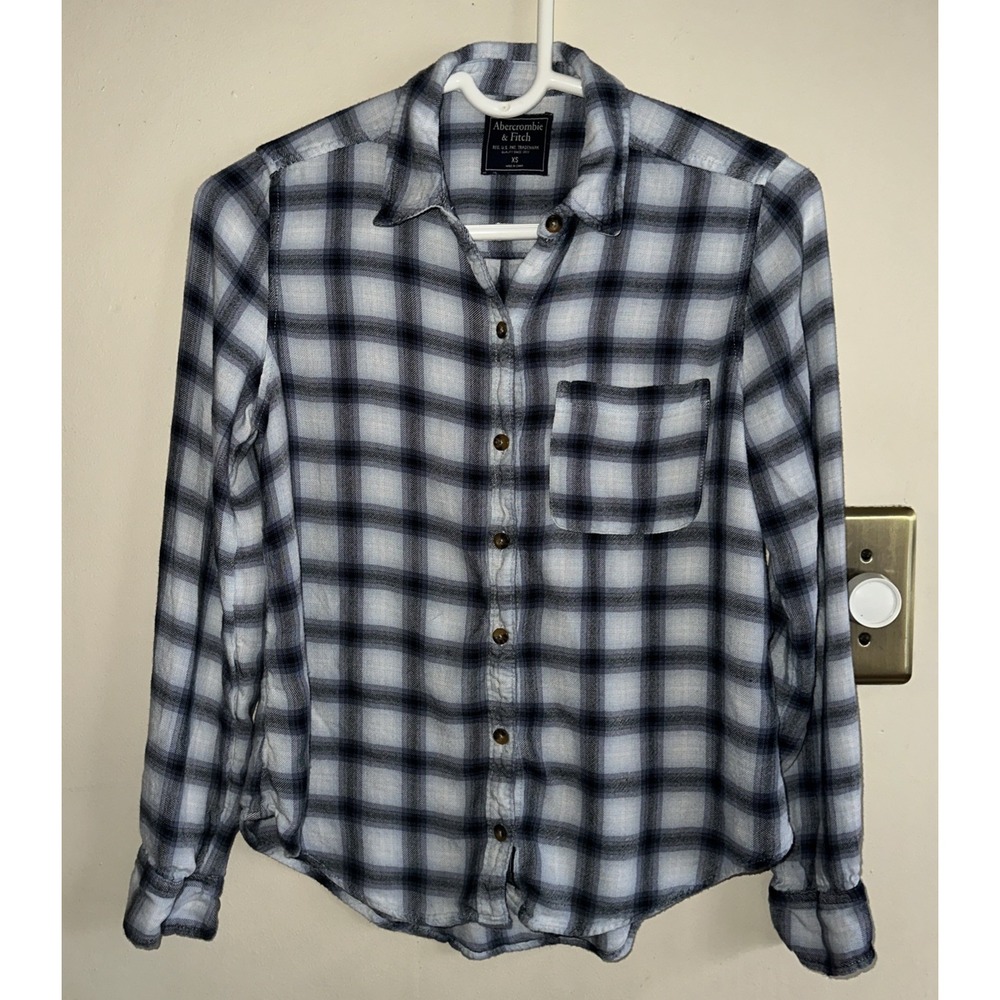 abercrombie fitch junior Blue‎ Plaid Long Sleeve Flannel Shirt Size X Small Y2K